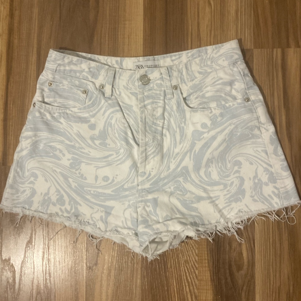 Zara White and Blue Swirl Jean Shorts